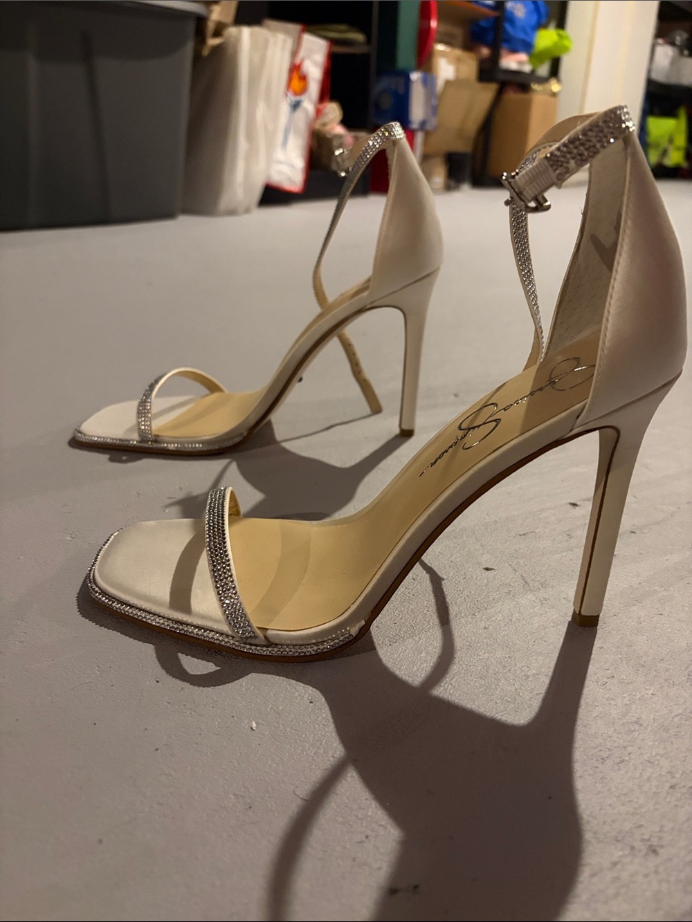 Jessica Simpson Ivory Satin Open-Toe Stiletto Sandals with Crystal Trim